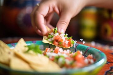 Poster - hand scooping pico de gallo with a tortilla chip