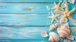 Starfish and seashells on turquoise wooden background, summer theme with copy space.