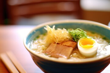 Poster - ramen with soft-boiled egg, yolk visible, close capture