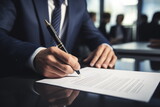 Fototapeta Panele - Man signing an official document. Close up businessman with pen in hands, ready signing paper,  executive manager, Generated AI