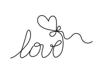 Poster - Valentine's Day border. Line art for weddings or Mother's Day. One continuous line drawing, Hand drawn word love with heart shape balloon. Vector art of Valentine's Day design romance symbol.