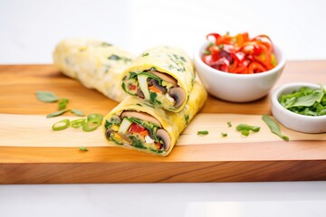 Sticker - veggie omelette roll sliced and presented on a board