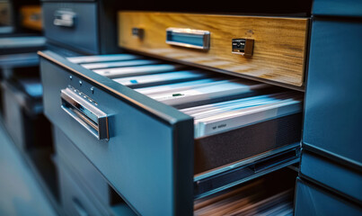 Poster - Close-up View of Open File Cabinet Drawers Filled with Labeled Documents, Depicting Organization, Storage, and Information Management