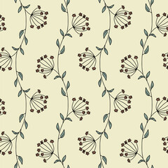 Sticker - Seamless pattern with hand drawn abstract wildflowers. Line art meadow flowers on beige background