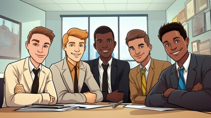 Wall Mural - Various multi-ethnic businessmen hold a meeting in the office against the background of a window. Business, startups concept.