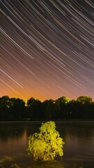 Wall Mural - Timelapse Night Sky Above River. Star Lines Move In Sky. Star Trails On Night Sky Background. Amazing Starry Effects. From Dusk To Dawn. Night Sky Turns Into Morning. Dawn Is Coming. Time Lapse Time