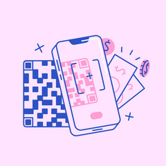Poster - People pay with qr code. Contactless cashless payment in banking smartphone app. Person using phone camera to scan qrcode. Electronic money transfer service. Flat isolated lineart vector illustration