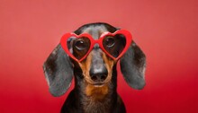 Portrait Of Frustrated Dachshund Dog In Dark Heart Shaped Glasses On Red Background Without Emotions Indifference In Relationship Stylized Valentine Day Accessory Party Gift Dating Site Advertising