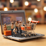 Fototapeta Perspektywa 3d - Tiny Cart, Big Choices: Miniature Shopping Cart on Laptop Keyboard Symbolizing Online Shopping and E-Commerce - Generative AI