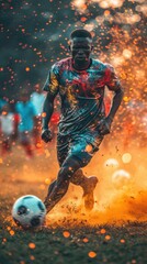 Wall Mural - Intense portrait of professional football player dribbles ball in stadium in motion in colorful dust. Concept of team kind's of sport.