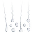 Rain drops on glass or flat surface. Vector dripping droplets with trace flowing down. Liquid or condensate, realistic aqua or steam in shower. Clear splashing bubbles falling raindrops