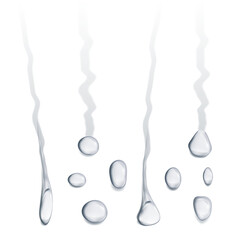 Aufkleber - Rain drops on glass or flat surface. Vector dripping droplets with trace flowing down. Liquid or condensate, realistic aqua or steam in shower. Clear splashing bubbles falling raindrops
