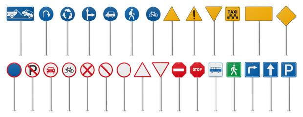Road signs, isolated realistic traffic boards with information and messages for drivers on street or highway. Vector bus and cycle zone, no entry, u turn and no parking, roundabout symbol