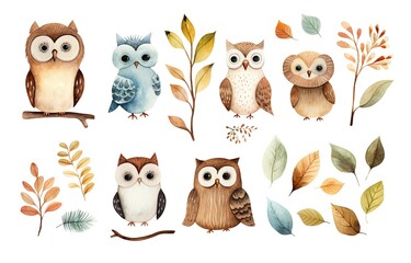 Wall Mural - watercolor owl collection set on white background,  idea for sticker and junk journal clipart, Generative Ai