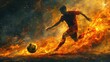 Competitive, concentrated young man, football player in motion running, dribbling ball against fire background. Flame, energy boost
