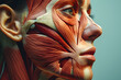 SIde view woman face human anatomy, skin and muscles