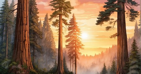 Wall Mural - A majestic redwood forest with towering trees reaching towards a vibrant sunset. The intricate textures of the redwood bark, with rays of golden sunlight filtering through the dense canopy.AI Generati