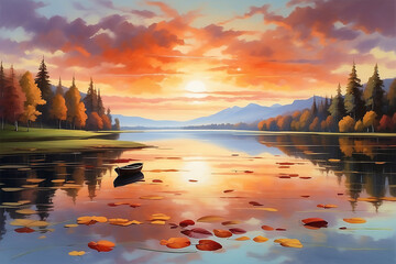 Wall Mural - a lake and sunset sky nature background