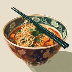 Wall Mural - Delicious Oriental Bowl of Spicy Asian Soup with Noodles and Vegetables, Served on a White Table, Using Chopsticks.