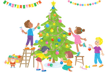 Canvas Print - Happy children decorate a Christmas tree. In cartoon style. Isolated on white background. Vector flat illustration.