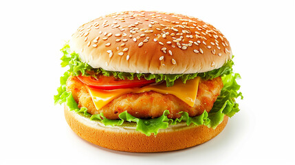 Wall Mural - Fish Hamburger with cheese isolated on white background, Crispy Fish Hamburger on white With work pat. Made with generative ai