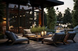 A cozy outdoor seating area with modern furniture, illuminated by soft lighting, surrounded by lush greenery and a tranquil environment, ai generative