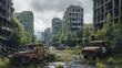 A post-apocalyptic cityscape with overgrown buildings and rusted vehicles.