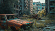 A post-apocalyptic cityscape with overgrown buildings and rusted vehicles.