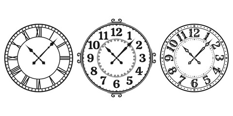 Clock face vintage set. Old wall watch with retro numeral. Antique clock-face design. Vector illustration.