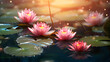 Beautiful pink flower water lily, close up sunlit flower reflection photo freebie, in the style of light crimson and light bronze, realistic landscape paintings, photo-realistic landscapes, light red 