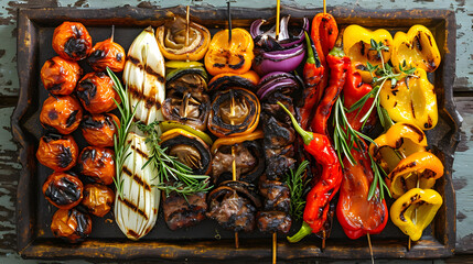 Grilled colorful vegetables and meat top view. Pepper, zucchini, eggplant, tomato, corn on a plate 