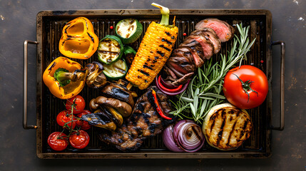 Grilled colorful vegetables and meat top view. Pepper, zucchini, eggplant, tomato, corn on a plate 