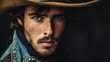 Portrait of cowboy in hat, american western ranch man model