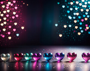 Poster - colorful neon background with hearts and glitters, greetings for valentine's day. Generated AI.