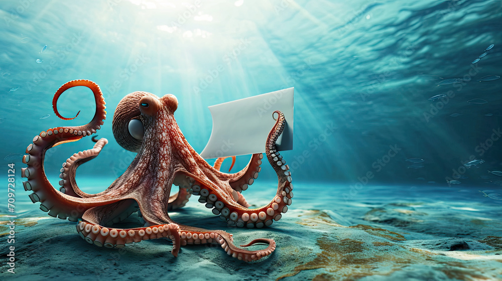 Cute pink octopus 3d cartoon with blank sign in his tentacles ...
