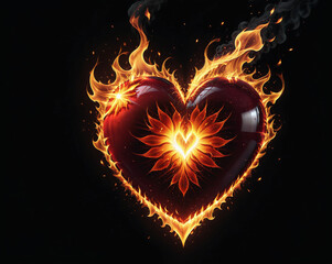 Poster - flaming red heart on a black background. Generated AI.
