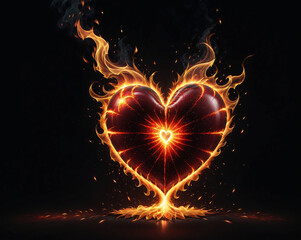 Poster - flaming red heart on a black background. Generated AI.