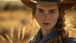 Portrait of vowgirl in hat, american western ranch female model