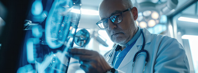 Poster - doctor in glasses holding a stethoscope and a computer image on top, in the style of translucent geometries. doctor inspecting medical device with molecule image, bokeh, intertwined networks