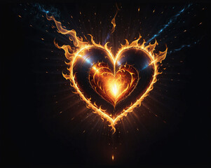 Poster - flaming dark heart on a black background. Generated AI.