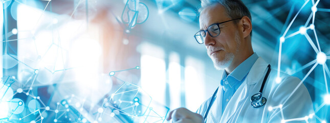 Poster - doctor in glasses holding a stethoscope and a computer image on top, in the style of translucent geometries. doctor inspecting medical device with molecule image, bokeh, intertwined networks