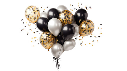 Gold chrome and black balloon with confetti, a bunch of balloons on transparent background. Balloons for wedding, holiday. Valentine's day gift 