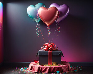 Poster - gift box with balloons in the interior, valentine's day. Generated AI.