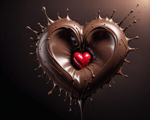 Poster - liquid chocolate heart on a dark background. Generated AI.