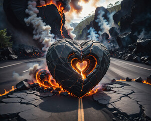 Poster - a huge rock in the shape of a flaming heart fell right onto the highway. Generated AI.