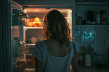 Rear view of hungry woman looking in the fridge late at night searching for a snack