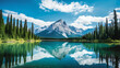 a serene scene of a Canadian mountain range reflected in a calm lake, capturing the majesty of the landscape for a Canada Day 2024 greeting card