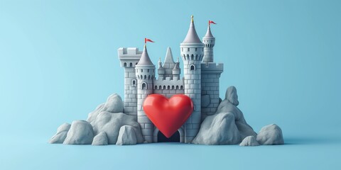 Wall Mural - Magic grey Princess Castle with red heart. Cartoon Style. Children’s game. Games. Fantasy kingdom. Toy. 3D Illustration for book. Copy space for text. Valentine’s Day Card. Love. Isolated on blue