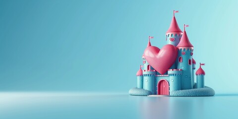 Wall Mural - Magic grey Princess Castle with pink heart. Cartoon Style. Children’s game. Games. Fantasy kingdom. Toy. 3D Illustration for book. Copy space for text. Valentine’s Day Card. Love. Isolated on blue