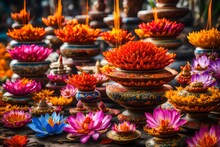 Colorful Exotic Flowers And Incenses Stacked. Offerings In Balinese Tradition